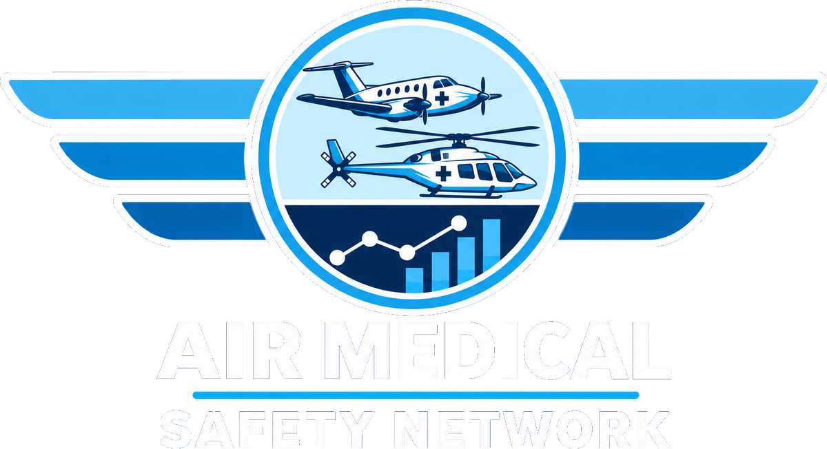 Air Medical Safety Network logo: an air ambulance airplane and helicopter in a winged emblem above a rising data line